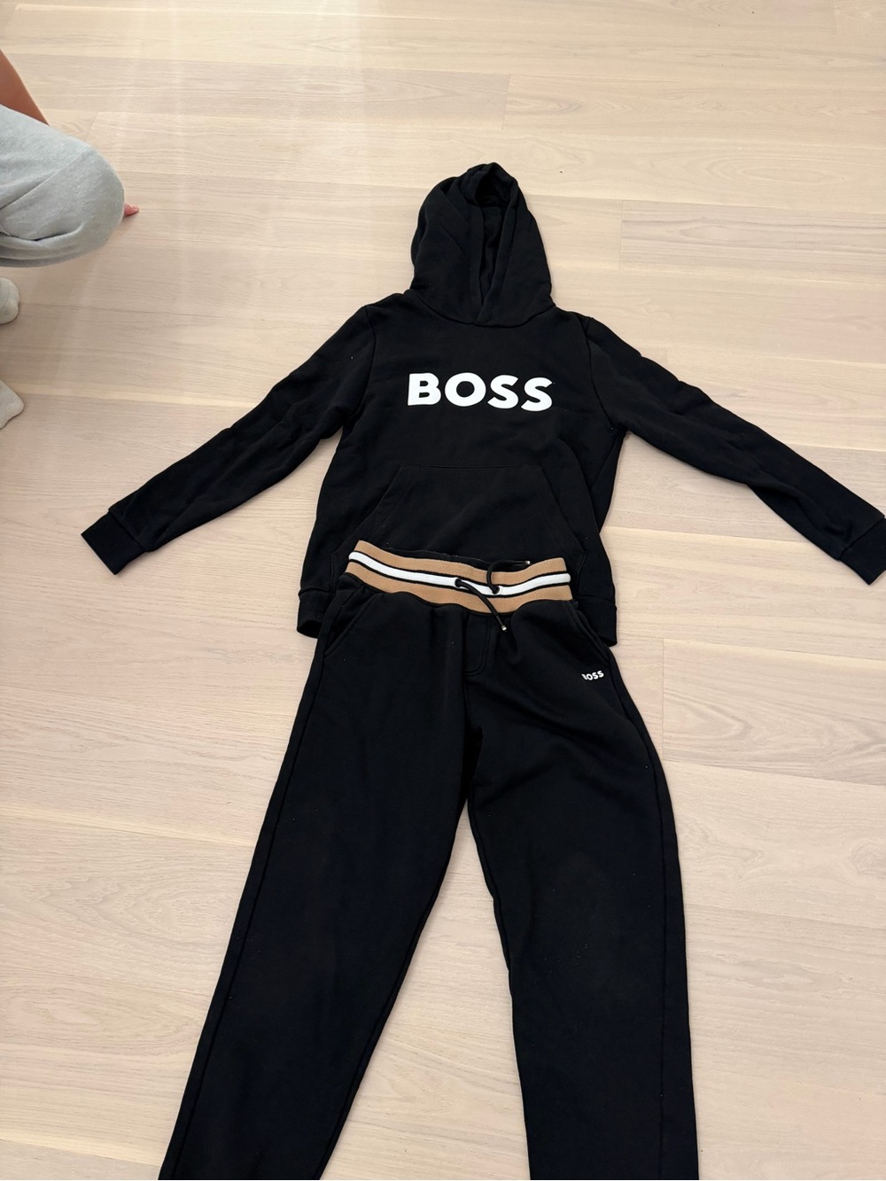 Boss Kids Black Hoodie & Joggers with Tan Striped Waistband